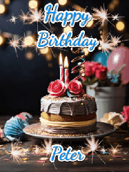 Happy Birthday Peter GIF: Sparkles and glitter happy birthday gif with a cake and flickering candles and sparklers behind the words happy birthday customize