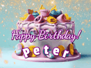 Happy Birthday Peter GIF: A beautiful birthday cake gif with animated sparkles and glitter Happy Birthday Name you can customize
