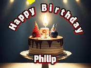 Happy Birthday Philip GIF: Animated happy birthday gif with a cake and flickering candles with colorful falling confetti and text reading Happy Birthday