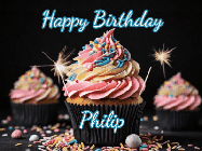 Happy Birthday Philip GIF: A delicious cupcake gif with animated sparkles reading Happy Birthday with a name to customize