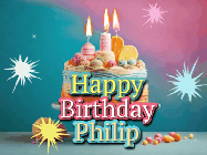 Happy Birthday Philip GIF: A colorful animated Happy Birthday Cake GIF with swirling sparkles and flickering candles. It reads Happy Birthday Name