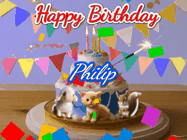 Happy Birthday Philip GIF: Happy Birthday Cake GIF with a cat, lamb, and squirrel on the cake with flickering candles, a sparkler, and falling confetti. Reads Happy Birthday Name and you can customize the name