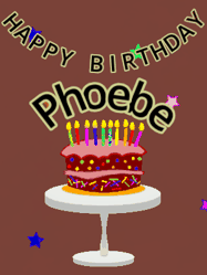 Happy Birthday Phoebe GIF: Animated birthday gif of a chocolate cartoon cake and stars. Animated text can be customized with name.