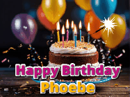 Happy Birthday Phoebe GIF: A birthday cake with flickering candles gif with text reading Happy Birthday and a Name slot to customize