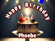 Happy Birthday Phoebe GIF: Animated happy birthday gif with a cake and flickering candles with colorful falling confetti and text reading Happy Birthday