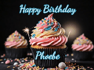 Happy Birthday Phoebe GIF: A delicious cupcake gif with animated sparkles reading Happy Birthday with a name to customize