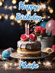 Happy Birthday Phoebe GIF: Sparkles and glitter happy birthday gif with a cake and flickering candles and sparklers behind the words happy birthday customize