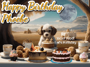 Happy Birthday Phoebe GIF: Animated birthday gif with a dog at a fancy birthday table loaded with cakes as hearts appear. It reads Happy Birthday Customize.