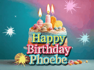 Happy Birthday Phoebe GIF: A colorful animated Happy Birthday Cake GIF with swirling sparkles and flickering candles. It reads Happy Birthday Name