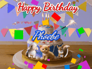 Happy Birthday Phoebe GIF: Happy Birthday Cake GIF with a cat, lamb, and squirrel on the cake with flickering candles, a sparkler, and falling confetti. Reads Happy Birthday Name and you can customize the name