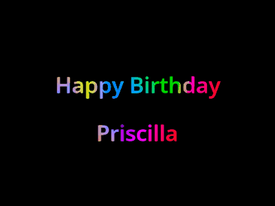 Happy Birthday Priscilla GIF with cheerful animated text and colorful party elements