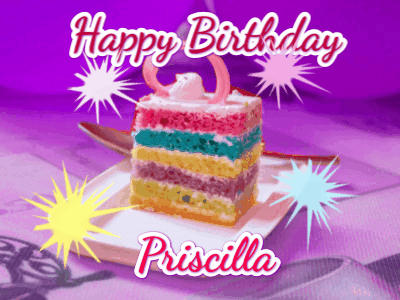 Happy Birthday Priscilla GIF with sparkling effects and festive decorations