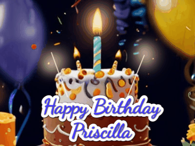 Happy Birthday Priscilla GIF featuring colorful animated birthday elements bursting