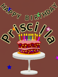 Happy Birthday Priscilla GIF: Animated birthday gif of a chocolate cartoon cake and stars. Animated text can be customized with name.
