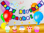 Happy Birthday Rachel GIF: Animated happy birthday gif with a party balloon background, a row of cupcakes, and birthday banner to customize.