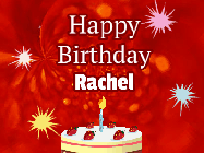 Happy Birthday Rachel GIF: A bright red happy birthday gif animated with a cake candle, and glitter and sparkles. Customize with name.
