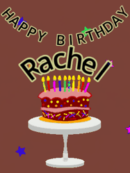 Happy Birthday Rachel GIF: Animated birthday gif of a chocolate cartoon cake and stars. Animated text can be customized with name.