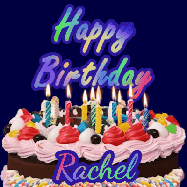 Happy Birthday Rachel GIF: A dark blue birthday gif with a beautiful cake with flickering candles, background sparkles and a name to customize.