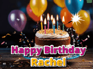 Happy Birthday Rachel GIF: A birthday cake with flickering candles gif with text reading Happy Birthday and a Name slot to customize