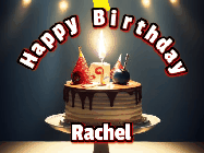Happy Birthday Rachel GIF: Animated happy birthday gif with a cake and flickering candles with colorful falling confetti and text reading Happy Birthday