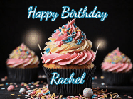 Happy Birthday Rachel GIF: A delicious cupcake gif with animated sparkles reading Happy Birthday with a name to customize