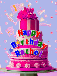 Happy Birthday Rachel GIF: A big beautiful birthday cake gif with falling confetti, sparklers, and balloons, reads Happy Birthday Name. Customize it.