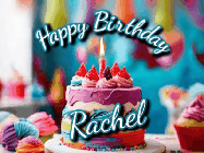 Happy Birthday Rachel GIF: Animated Happy Birthday Gif reading Happy Birthday Customize. Depicts a colorful birthday with flickering candles and glitter.