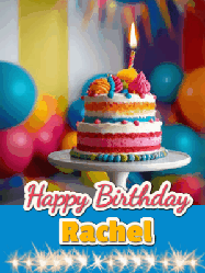 Happy Birthday Rachel GIF: A birthday card gif with a cake and candle and a blue ribbon with animated sparklers. Reads Happy Birthday Name