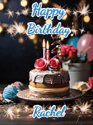 Happy Birthday Rachel GIF: Sparkles and glitter happy birthday gif with a cake and flickering candles and sparklers behind the words happy birthday customize