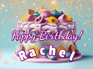 Happy Birthday Rachel GIF: A beautiful birthday cake gif with animated sparkles and glitter Happy Birthday Name you can customize
