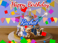 Happy Birthday Rachel GIF: Happy Birthday Cake GIF with a cat, lamb, and squirrel on the cake with flickering candles, a sparkler, and falling confetti. Reads Happy Birthday Name and you can customize the name
