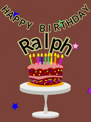 Happy Birthday Ralph GIF: Animated birthday gif of a chocolate cartoon cake and stars. Animated text can be customized with name.