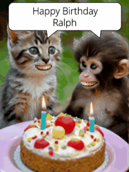 Happy Birthday Ralph GIF: GIF with monkey and cake with birthday cake, flickering candles, they talk, a camera flash, big goofy smiles.