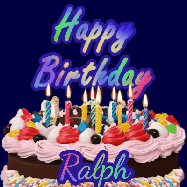 Happy Birthday Ralph GIF: A dark blue birthday gif with a beautiful cake with flickering candles, background sparkles and a name to customize.