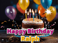Happy Birthday Ralph GIF: A birthday cake with flickering candles gif with text reading Happy Birthday and a Name slot to customize