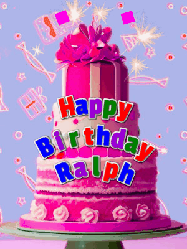 Happy Birthday Ralph GIF: A big beautiful birthday cake gif with falling confetti, sparklers, and balloons, reads Happy Birthday Name. Customize it.