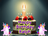 Happy Birthday Ralph GIF: An animated gif with 2 unicorns and a birthday candle on a cake.