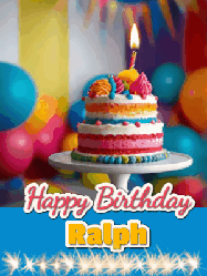 Happy Birthday Ralph GIF: A birthday card gif with a cake and candle and a blue ribbon with animated sparklers. Reads Happy Birthday Name