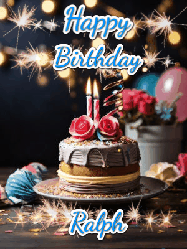 Happy Birthday Ralph GIF: Sparkles and glitter happy birthday gif with a cake and flickering candles and sparklers behind the words happy birthday customize