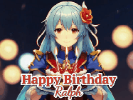 Happy Birthday Ralph GIF: Anime girl holding a birthday cake and an animated sword falls into it. Text reads Happy Birthday Customize