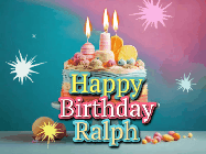 Happy Birthday Ralph GIF: A colorful animated Happy Birthday Cake GIF with swirling sparkles and flickering candles. It reads Happy Birthday Name