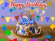 Happy Birthday Ralph GIF: Happy Birthday Cake GIF with a cat, lamb, and squirrel on the cake with flickering candles, a sparkler, and falling confetti. Reads Happy Birthday Name and you can customize the name