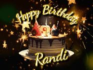 Happy Birthday Randi GIF: Bursting stars fall past a birthday cake in this animated birthday gif with name you can customize. Dark background.