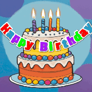 Happy Birthday Randi GIF: Festive birthday cake GIF with name, stars, hearts, and confetti streaking past and flickering candles.