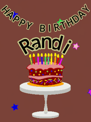Happy Birthday Randi GIF: Animated birthday gif of a chocolate cartoon cake and stars. Animated text can be customized with name.