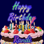 Happy Birthday Randi GIF: A dark blue birthday gif with a beautiful cake with flickering candles, background sparkles and a name to customize.