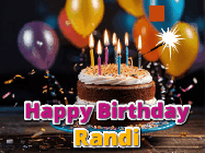 Happy Birthday Randi GIF: A birthday cake with flickering candles gif with text reading Happy Birthday and a Name slot to customize