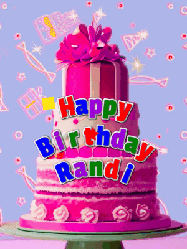 Happy Birthday Randi GIF: A big beautiful birthday cake gif with falling confetti, sparklers, and balloons, reads Happy Birthday Name. Customize it.