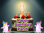 Happy Birthday Randi GIF: An animated gif with 2 unicorns and a birthday candle on a cake.