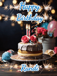 Happy Birthday Randi GIF: Sparkles and glitter happy birthday gif with a cake and flickering candles and sparklers behind the words happy birthday customize